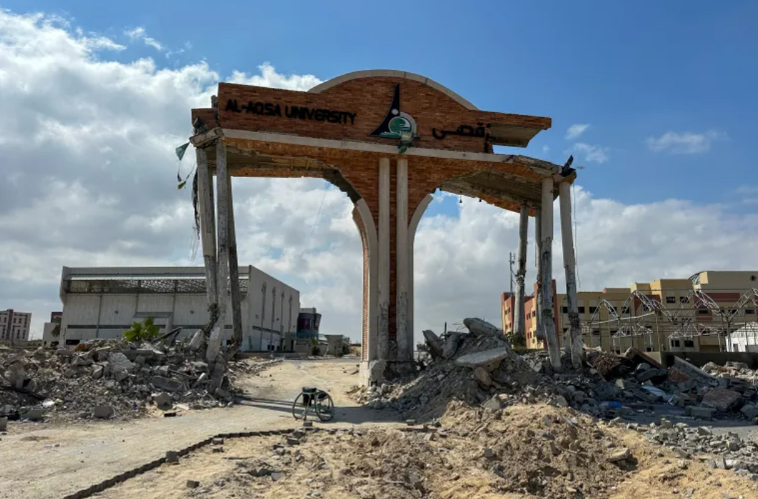 The damaged gate of Al Aqsa University in Khan Younis after it was destroyed by the Israeli army, April 14, 2024.